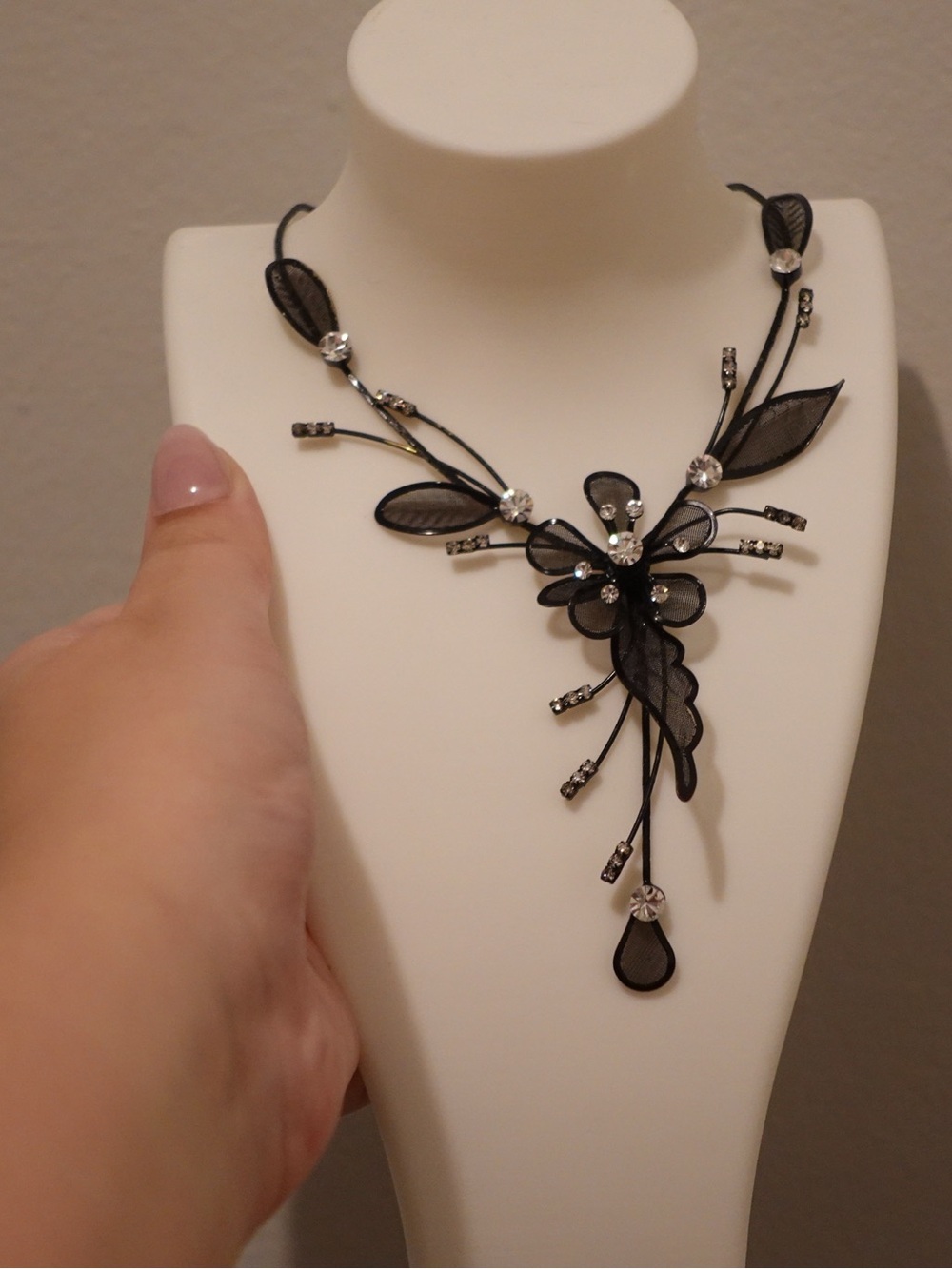 Black Floral Statement Necklace with Crystal Accents